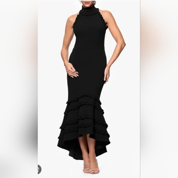 Size 16 Xscape Black High-Neck Ruffle-Hem Evening Gown. - Picture 3 of 5